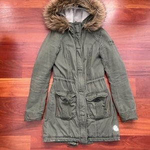 Long Military Parka Faux Fur Hood Abercrombie & Fitch in Olive Green XS